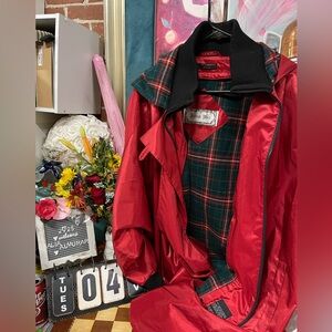 Men’s Red Trench-Style Coat with Plaid Lining
